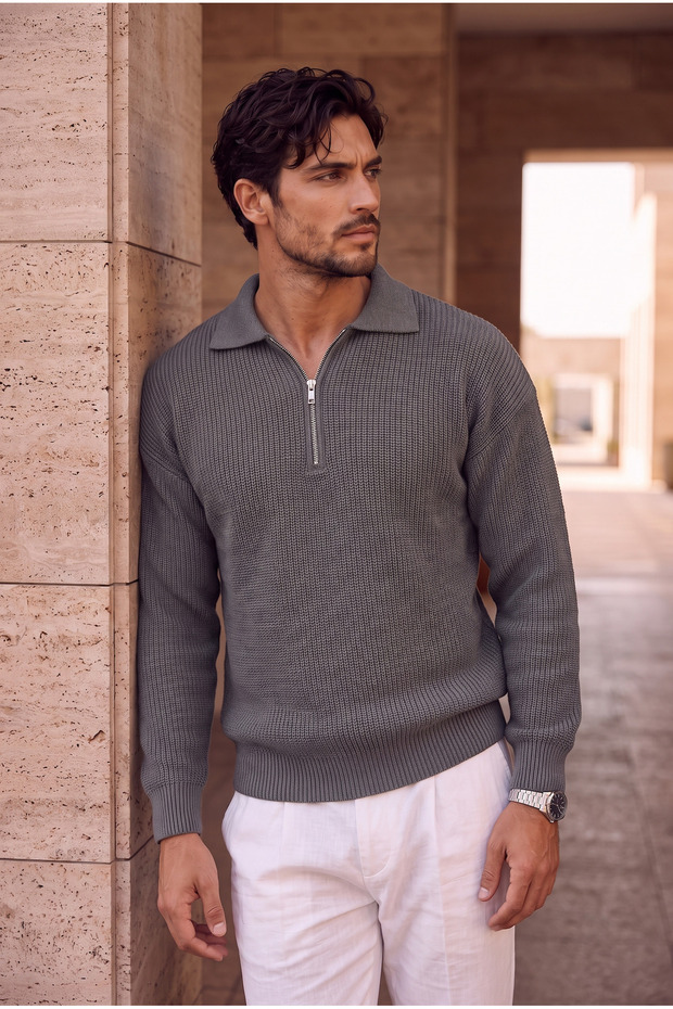 Gibson Oversize Half Zip Shirt Polo Neck Thessaloniki Knitted Men's Knitwear Sweater - Smoked