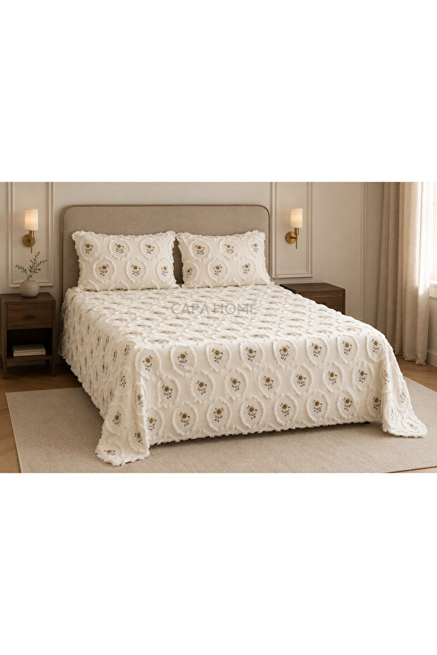 Lizzy Jacquard Bohemian Chenille Bedspread Double Cream Beige