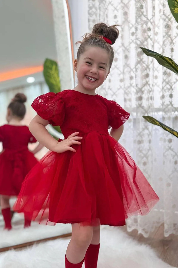 My Little Girl's Tulle Evening Dress with Lace Detail - Red