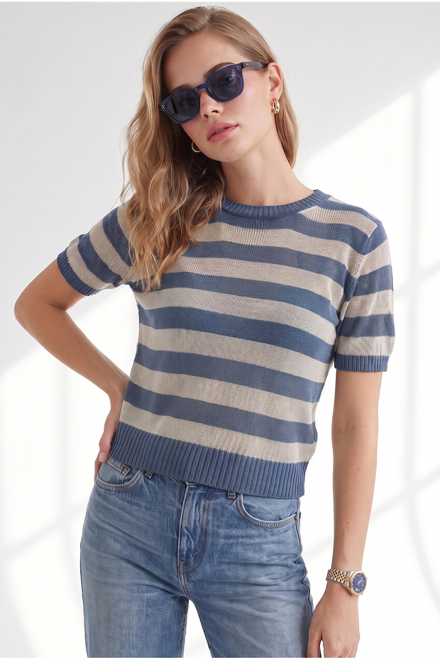 Women's Indigo Crew Neck Striped Mercerized Blouse Blz-19003447