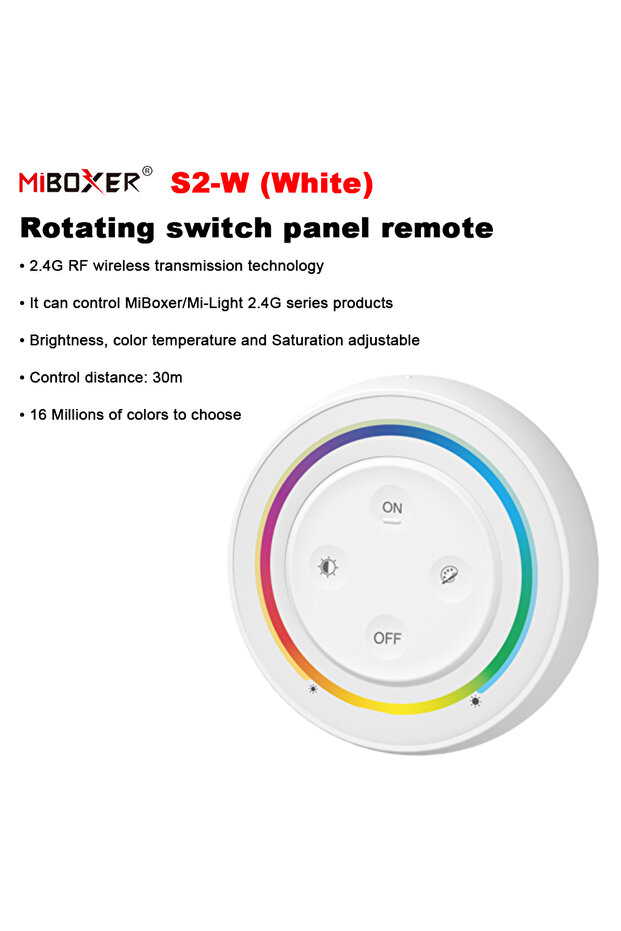 جهاز تحكم عن بعد دائري S2-W Miboxer S2 بتردد 2.4 جيجاهرتز RGB+CCT، للتحكم في سطوع مصابيح LED/اللمبات/الإضاءة.