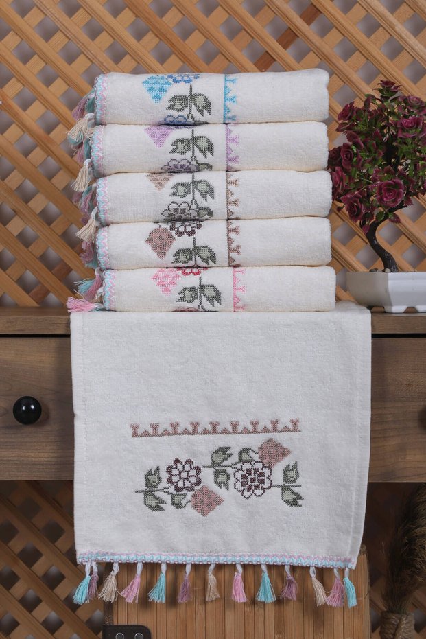 6-Piece Cross Stitch Flower Embroidered Hand Face Towel Set with Tassels Gift Dowry Hand Face Towel Set 50 x 9