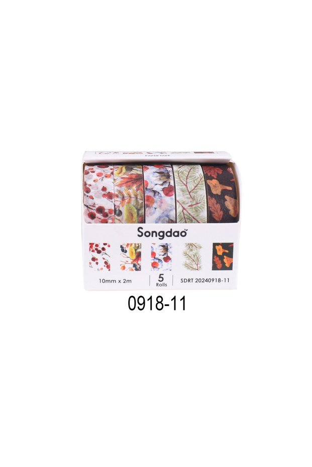0918-11 5 Rolls/Box of Winter Mountain Field Themed Washi Tape, Featuring Floral, Foliage, Snowflake