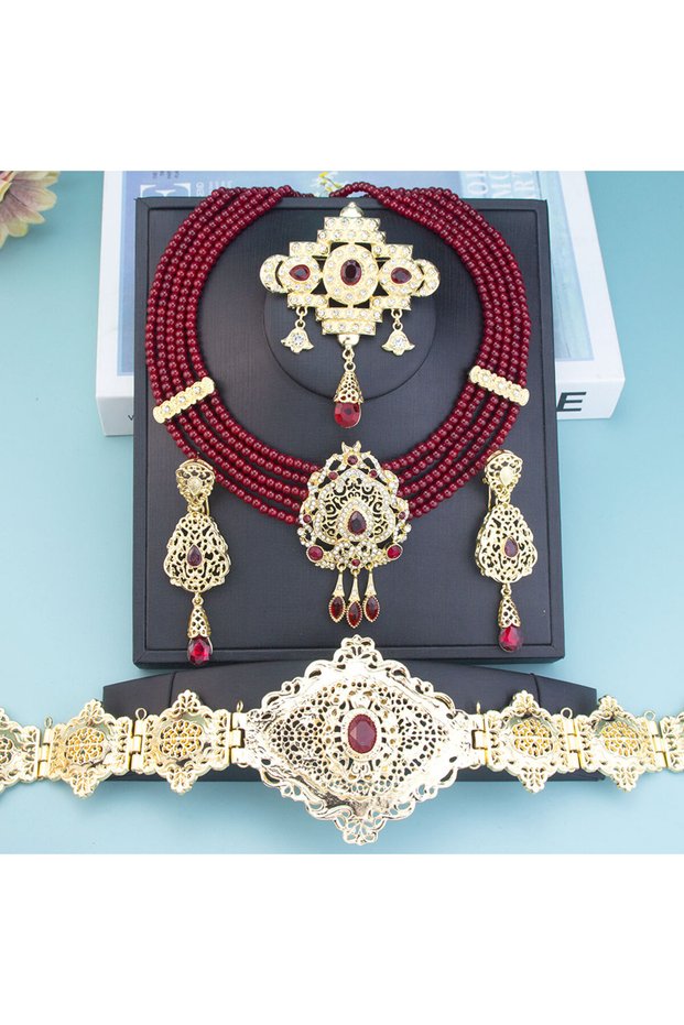 986220607setRED Sunspicems Gold Color Morocco Caftan Belt Waist Chain Women Beads Chain Choker Neckl