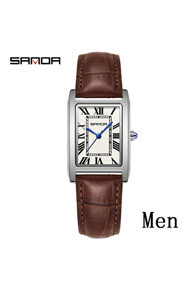 Men Brown silve SANDA Luxury Tank Couple Watch Wear Resistant Leather Strap Square Dial Waterproof S