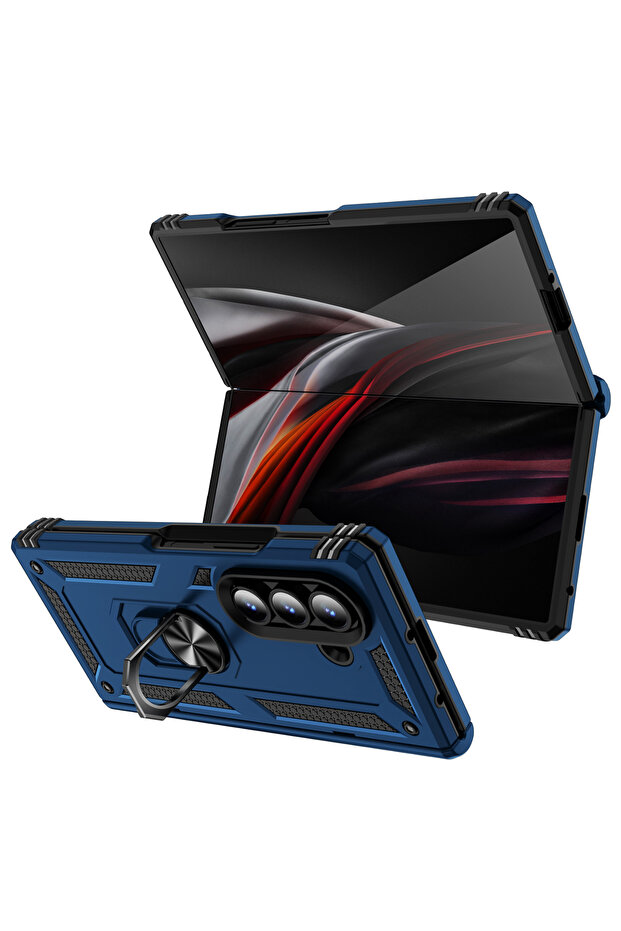 Galaxy Z Fold7 Blue Armor Phone Case for Z Fold 7 6 5 Fold7 Fold6 Fold5 Sockproof Ring Holder Hing