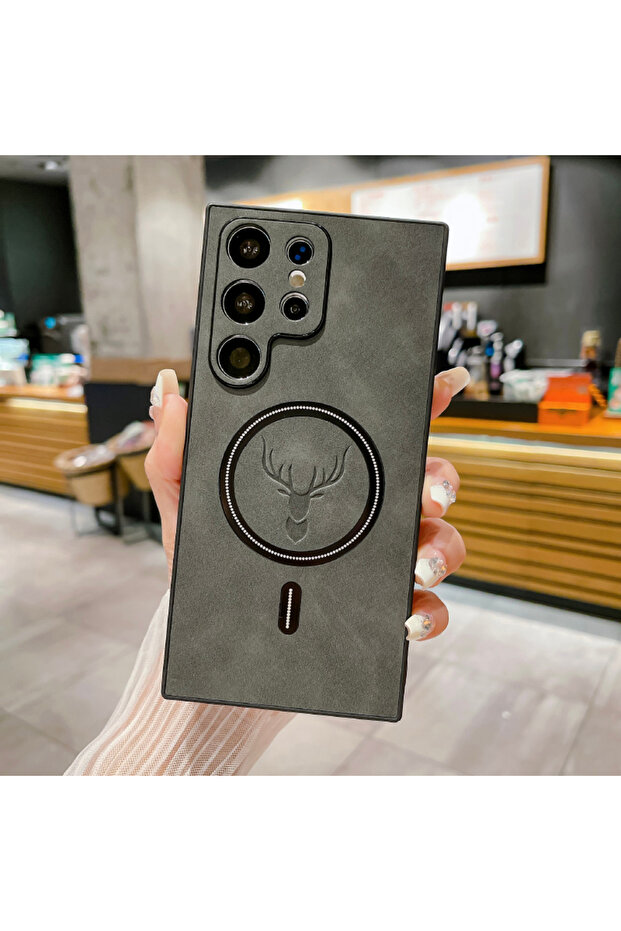 Galaxy S26 Ultra Grey Christmas Gift Deer Head Leather Bumper Phone Case For S26 Ultra S26 S26 Plus