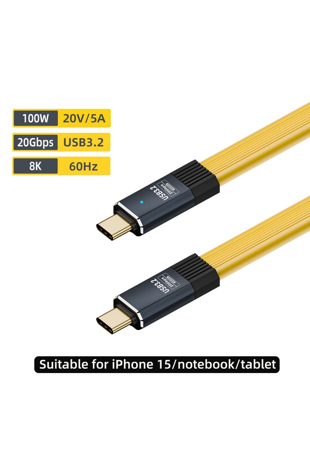 80CM Yellow USB3.2 20Gbps Type C to Type C Flat Data Cable ThunderBolt 3 PD100W 5A USB-C Cord For iP