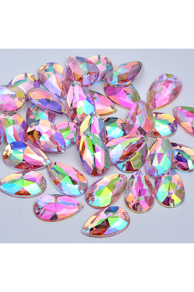 Pink AB 100Pcs 17*28mm Large Sewing Crystal AB Drop Rhinestone Applique Flatback Acrylic Stones Sew