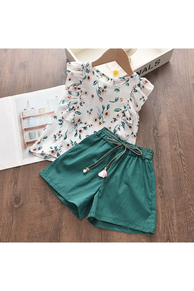 3T AZ2134Green Bear Leader Kids Girl Clothes 2022 Fashion Sling Flower Bow Baby Girls Shirt + Stripe