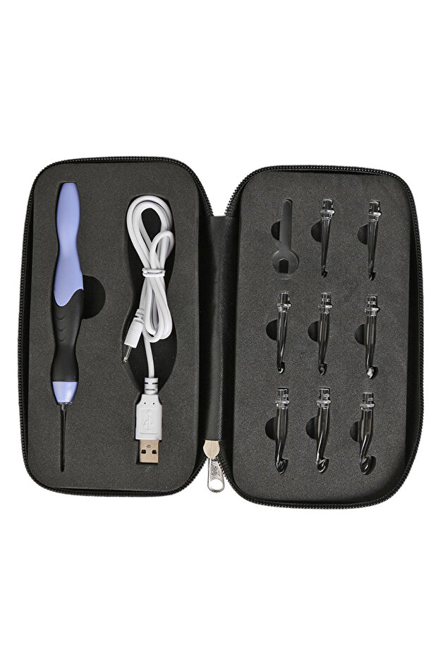 مجموعة إبر الكروشيه المضيئة 9 في 1 بمقبض أزرق، قابلة لإعادة الشحن عبر USB، إبر كروشيه مريحة مع إضاءة LED.