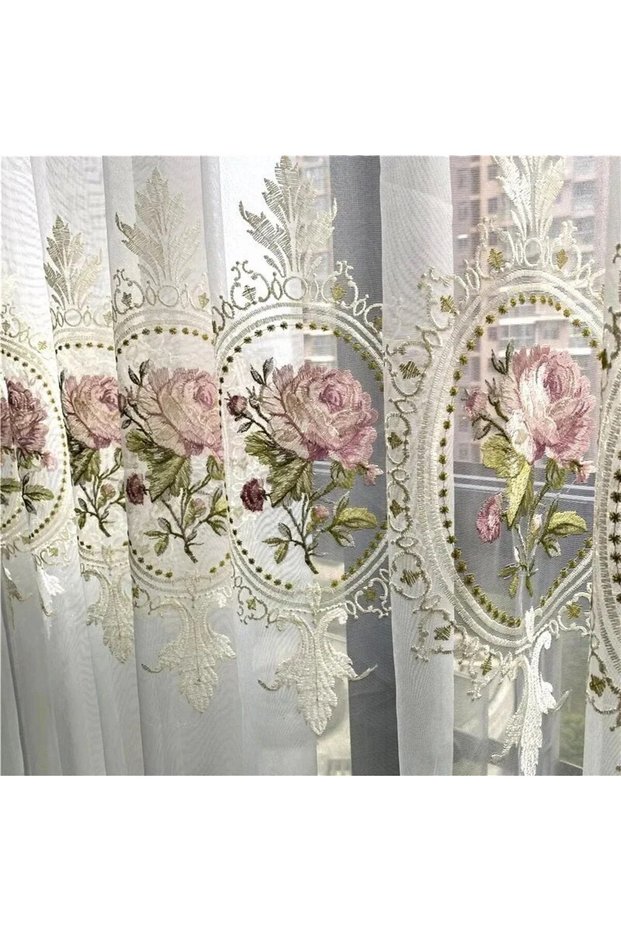 Rod Pocket W132cmXH 213cm 1PC Peony tulle American Luxury Peony Embroidery Tulle Curtain For Living