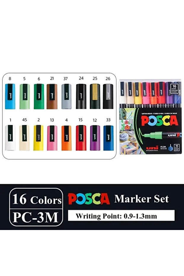 مجموعة أقلام تحديد UNI POSCA اليابانية PC-3M، 16 قطعة، رسم جرافيتي أكريليك دائم مقاوم للماء للأطفال