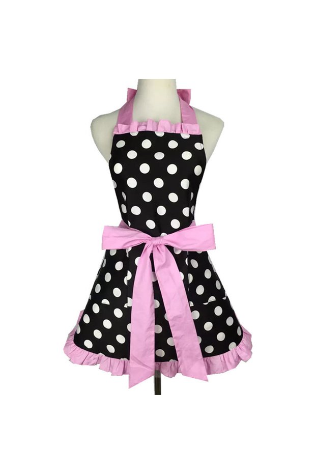 Pink Cute Apron with Pockets Retro Red Polka Dot Xmas Sleeveless Aprons Ruffle Cooking Adjustable Ki
