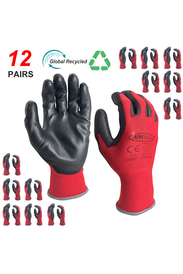 XXL PU1350RBLK-DMF NMSafety 12Pairs Professional Working Protective Gloves For Men Construction Wome