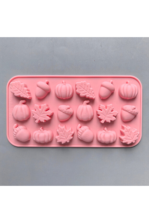 1pc-011pink 1/3pcs 18-Cavity Autumn Harvest Themed Silicone Mold 3D Pumpkin Maple Leaf Acorn Shaped