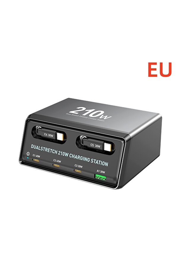 EU Dualstretch 6-in-1 Charging Station with Retractable Cables 210W Power Hub for Fast Charging of M