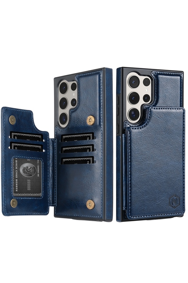 Galaxy S26 Ultra Blue Wallet Magnetic Double Buckle RFID Blocking Card Slot Leather Case For S26 U