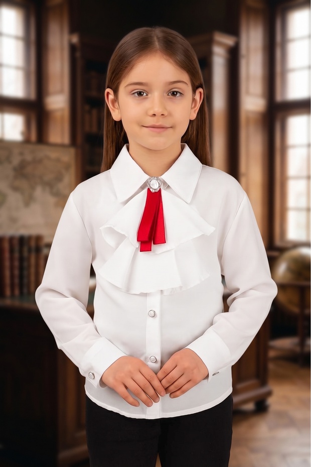 White Shirt / School Shirt with Long Sleeve Removable Scarf and Accessories for Girls