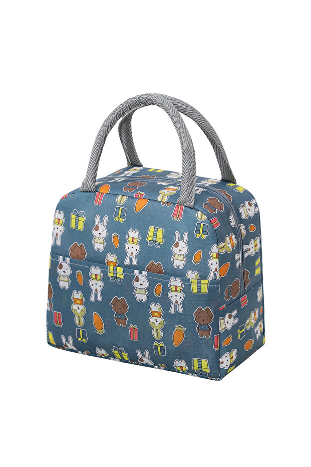 Grey Blue Rabbit Colorful Insulated Large Capacity Lunch Bag with Aluminum Foil Thickened Bento Bag,
