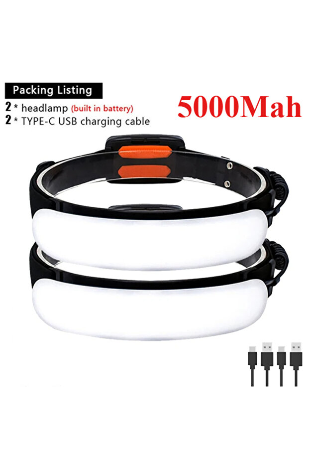 Heinast 2PCS 5000Mah Heinast COB Headlamp USB Rechargeable Head Flashlight Built-in 5000/7500Mah Bat