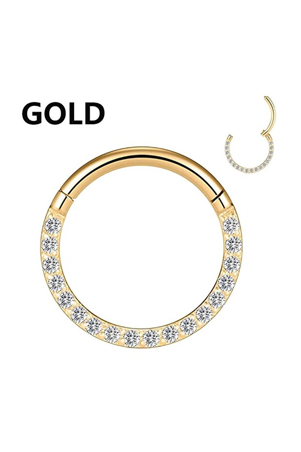 Gold CC023 8MM Stainless Stee Hinged Segment Hoop CZ Stone Nose Ring Nipple Ear Cartilage Tragus Hel