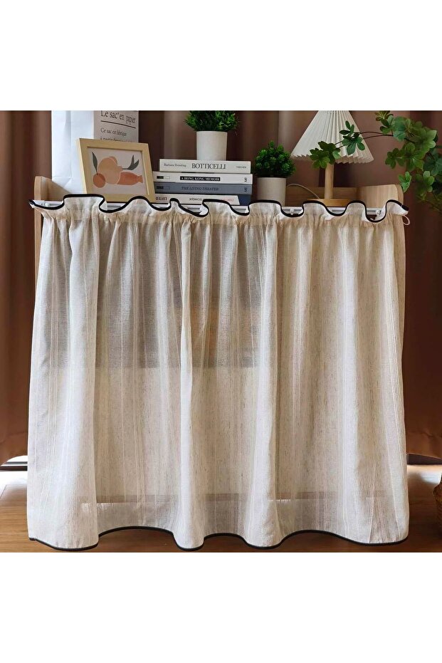 Pull Pleated Tape 1 Panel W107xH60cm Short Curtain Japanese Beige Stripe Sheer Curtains with Black E