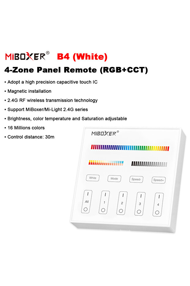 لوحة تحكم ذكية B4-W Miboxer B4 بتردد 2.4 جيجاهرتز، 4 مناطق، 86 نقطة لمس، لضبط السطوع والتوقيت، متوافقة مع RGB+CCT للإضاءة LED