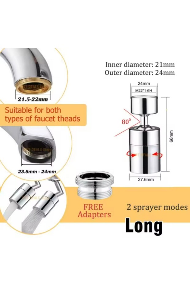 Silver Long Dual Function Anti-splash Bubbler Kitchen Faucet Aerator 360 Degree Swivel Tap Water Dif