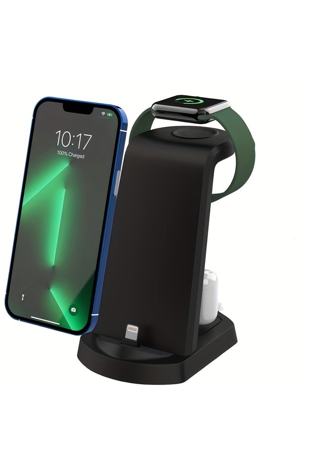 Black 3 in 1 Charger Stand Dock For iPhone 12 13 14 Fast Charging Station For iWatch 10 9 8 7 For A