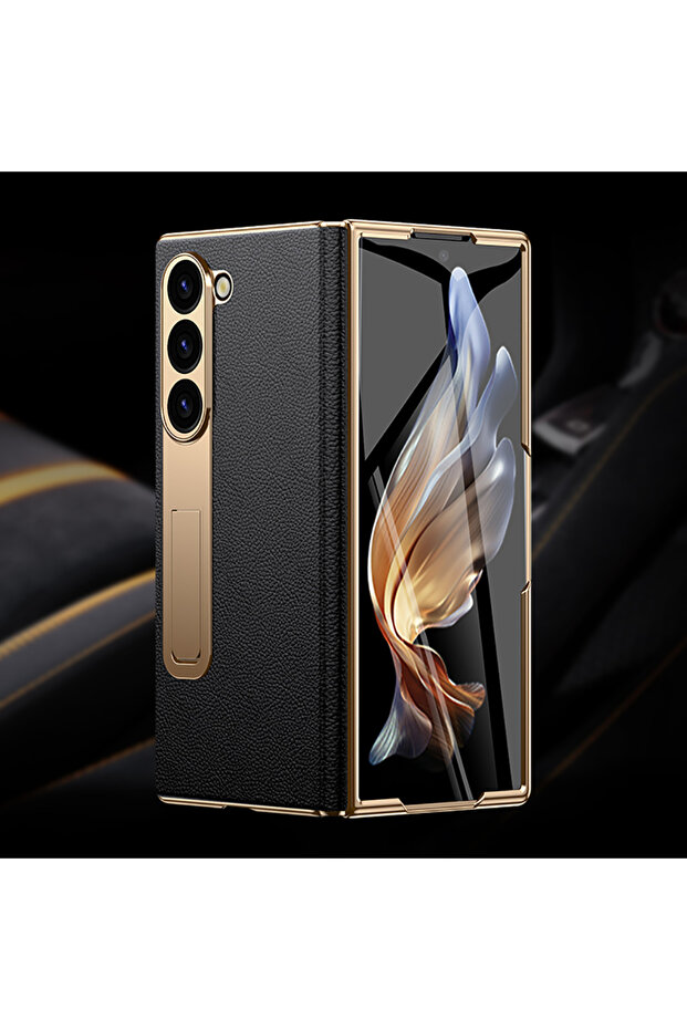 جراب جلد أسود بنقشة الليتشي لهواتف Galaxy Z Fold 4، متوافق مع Z Fold 6 و5 و4 و3 وFold6 وFolle