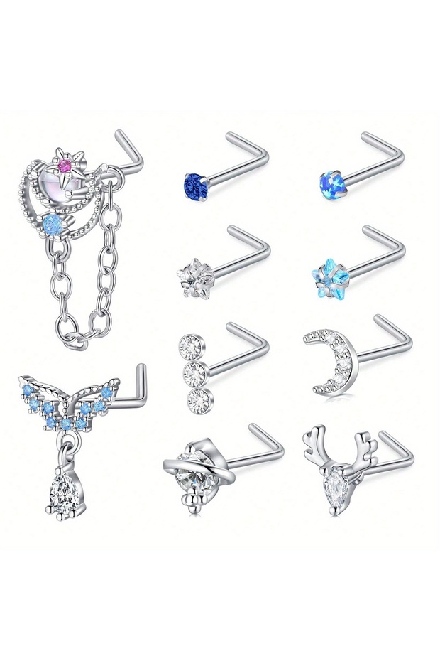 Geometric Face Nose Rings & Studs SET 1 10pcs 20G 7mm Nose Stud Set, 304 Stainless Steel Nostril Jew