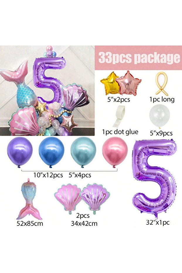 As Picture 5 33pcs Mermaid Balloon Number Set Balloon Column Set Mermaid Theme Shell Children’s Birt