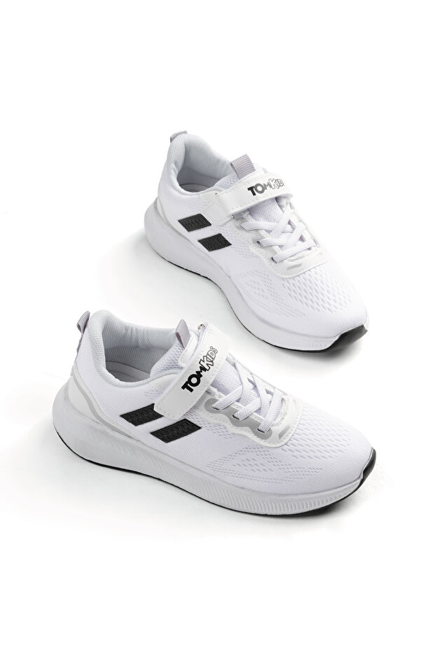Children's Unisex White Black Comfortable Fit Breathable Velcro Lace-Up Sneaker