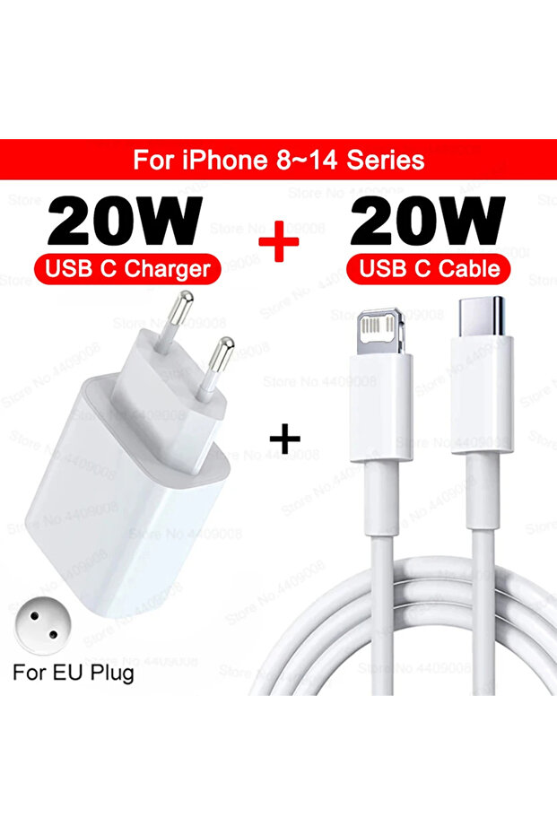 شاحن سريع PD 20 وات من الاتحاد الأوروبي لأجهزة iPhone 8-14 وiPhone 16 و15 و11 و12 و13 و14 Pro Max Plus وكابل شحن سريع