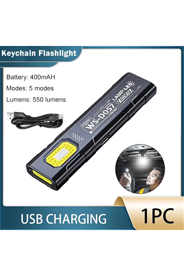 مصباح يدوي صغير قوي من نوع COB LED بتصميم طويل، قابل لإعادة الشحن عبر USB، مصباح عمل معلق مقاوم للماء.
