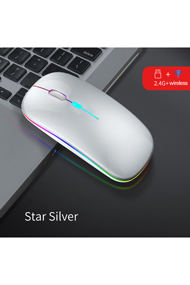 ماوس لاسلكي فضي مزدوج الوضع متوافق مع البلوتوث، ماوس LED قابل لإعادة الشحن للكمبيوتر المحمول، ماوس محمول