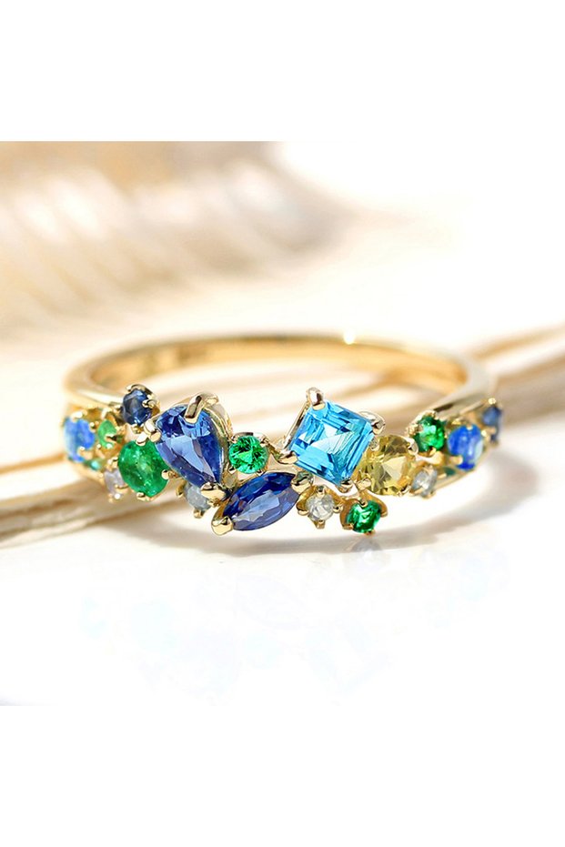 8 Q572 Huitan Modern Trendy Female Rings with Blue/Green Cubic Zirconia Luxury Accessories Daily Wea