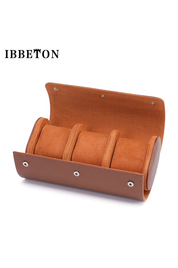brown-03 IBBETON 3-Slot Watch Roll Travel Case Portable Vintage Leather Watch Display Case Watch Sto