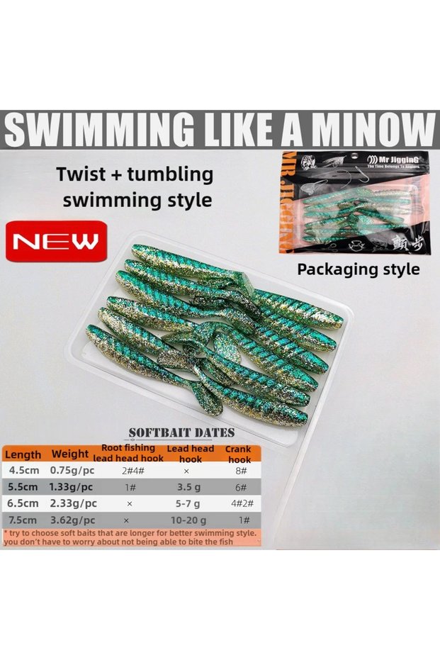 7.5cm 3.62g-12pcs 1 12/16/20pcs Paddle T Tail Soft Bait Swing Wobbler Vibration Swimbait Soft Fishin