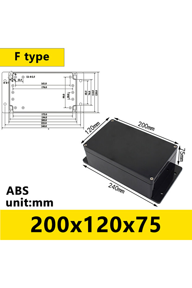 FB200X120X75(أذنين) صندوق بلاستيكي أسود مقاوم للماء للاستخدام الخارجي، حافظة أدوات إلكترونية للمشروع