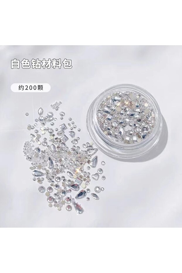 Lvory 200pcs White Nail Art Rhinestone Set Multi Shape Crystal Flat Pink Rhinestone Round Bead Diamo