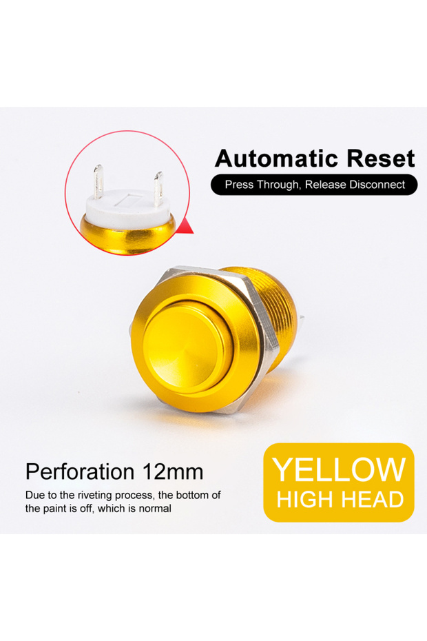 Yellow 2pcs 12mm Metal Push Button Switch Oxidized Color Self Reset/Instant Reset Flat Head/Tall Hea