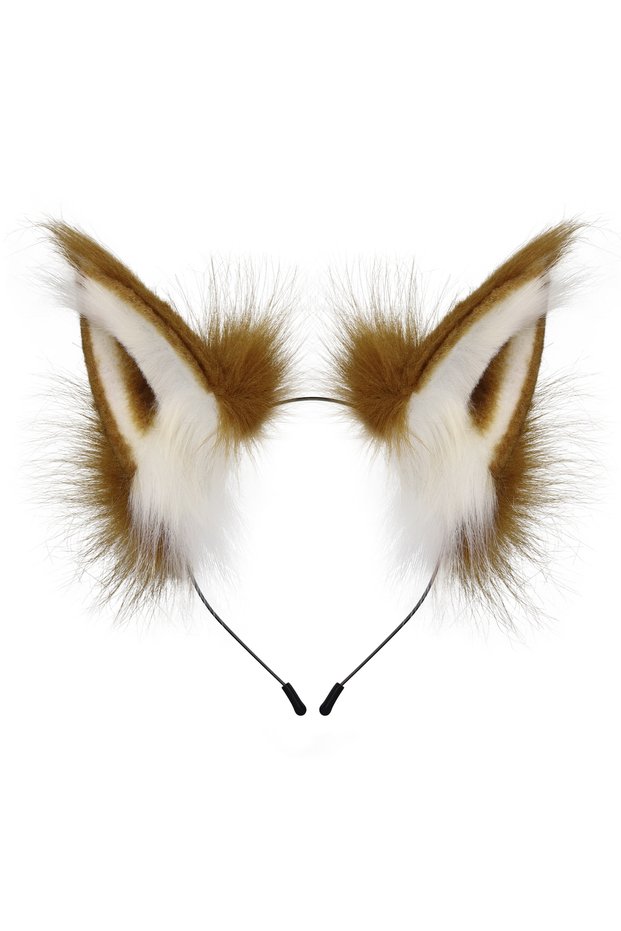 Brownwhite Animal Faux Fur Fox Wolf Ear Headband Furry Handmade Hairband Headwear Costume Cosplay Ac