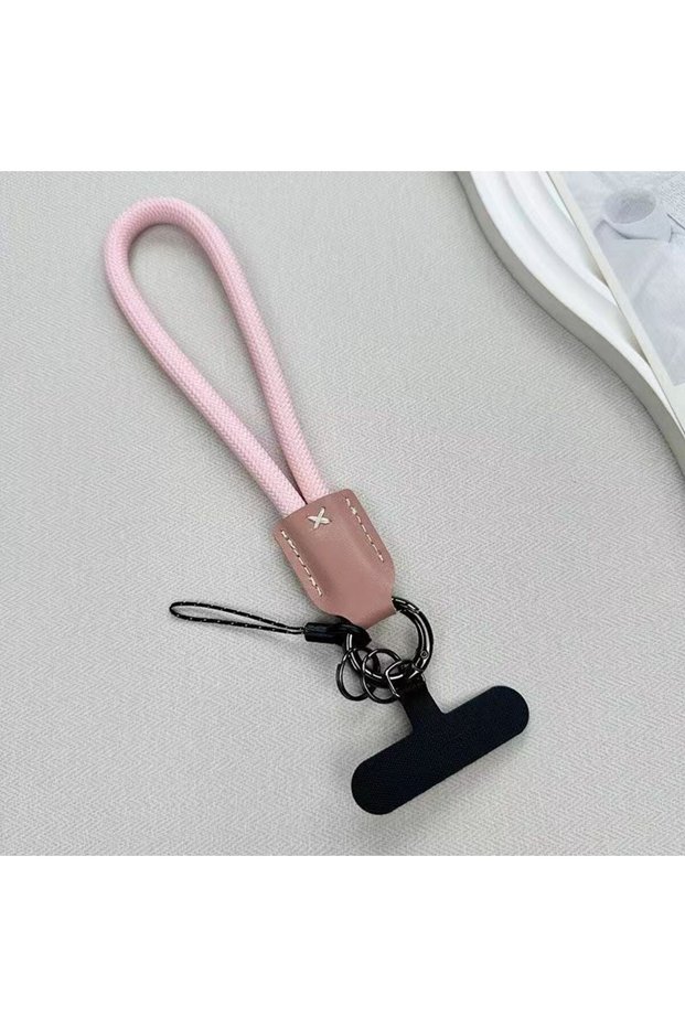 Pink New Nylon Wrist Phone Hanger Rope Short Bold Weaving PU Leather Head Hanger Sturdy Pendant Anti