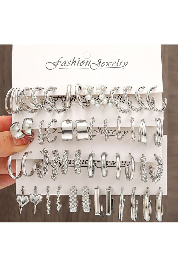 AYA4 60 Pcs/Set Fashion Earrings For Women Boho Vintage Silver Color Geometric Design Pearl Rhinesto