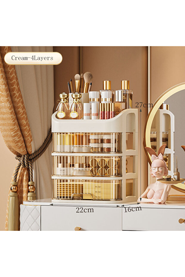 Cream-4 layers Cosmetic Storage Box Large Capacity Transparent Drawer Jewelry Makeup Storage Box Mul