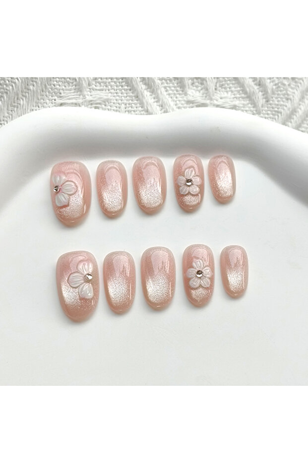 Style 1-M 10Pcs Summer Cute Flower Nail Art Stickers with Shiny Cat Eye Versatile All-match Temperam