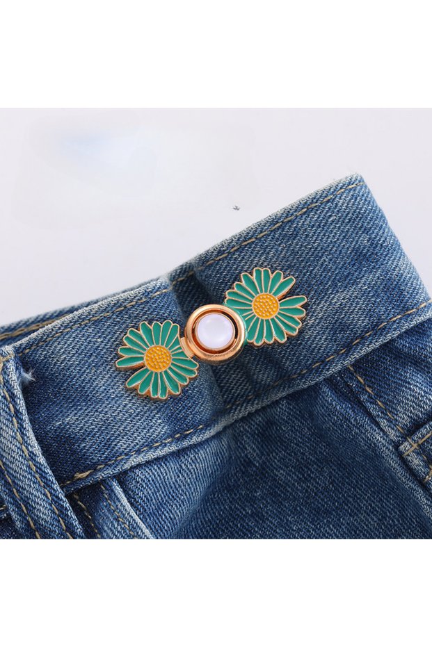 green 2Pcs small daisy waist button metal plate buckle, nail-free seam-free, waist-closing artifact