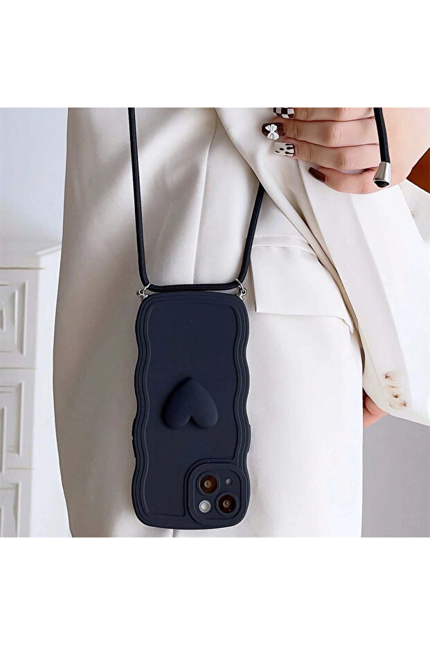 iphone 15Pro Black Luxury Crossbody Necklace Lanyard 3D Love Heart Wave Border Soft Case For iPhone
